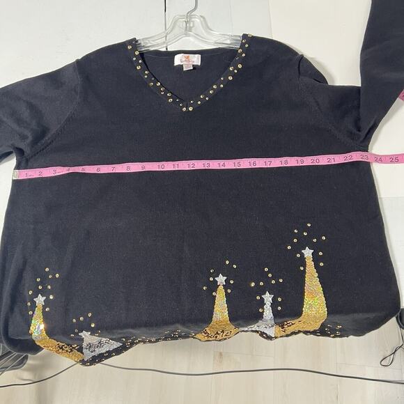 The Quacker Factory Sequin Sweater 1X Black Gold Sparkle Christmas Tree Festive - Picture 9 of 12